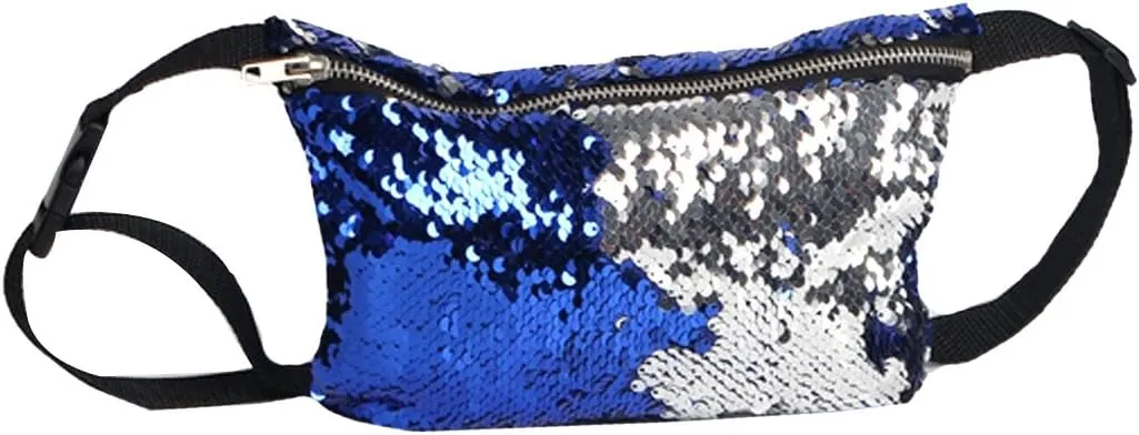 Women Men Glitter Mermaid Sequins Fanny Pack Contrast Color Rave Beach Waist Bag Chest Pack Corss-body Bag Purse Pouch Champagne Gold, 310 Blue Silver