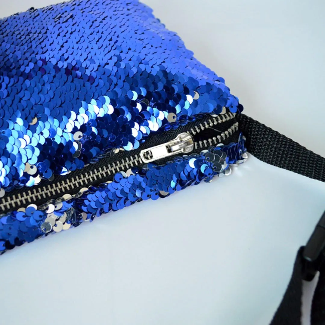 Women Men Glitter Mermaid Sequins Fanny Pack Contrast Color Rave Beach Waist Bag Chest Pack Corss-body Bag Purse Pouch Champagne Gold, 310 Blue Silver