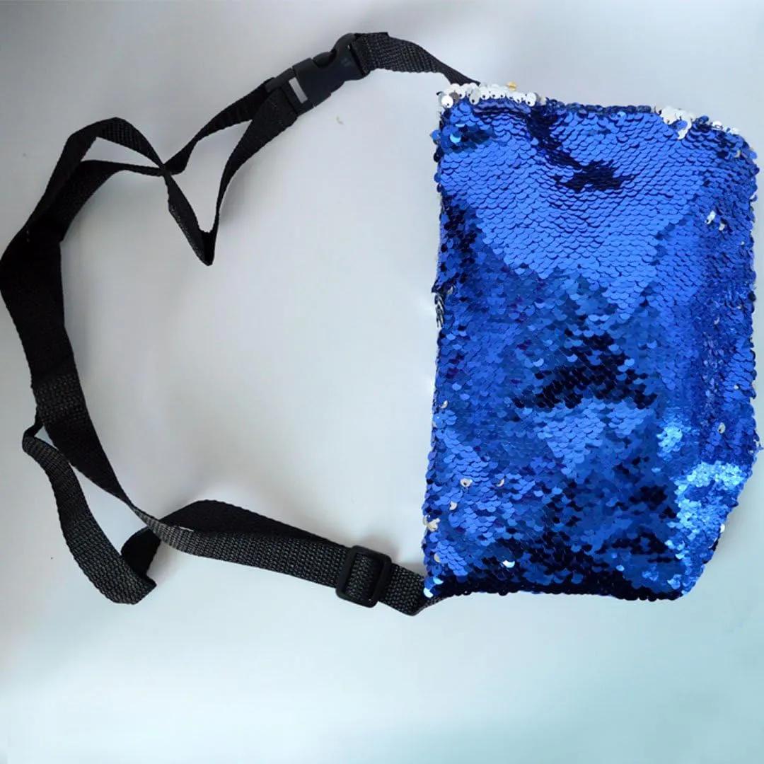 Women Men Glitter Mermaid Sequins Fanny Pack Contrast Color Rave Beach Waist Bag Chest Pack Corss-body Bag Purse Pouch Champagne Gold, 310 Blue Silver
