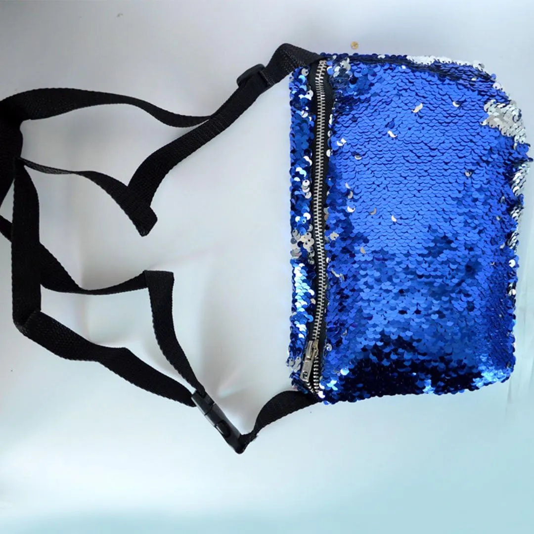 Women Men Glitter Mermaid Sequins Fanny Pack Contrast Color Rave Beach Waist Bag Chest Pack Corss-body Bag Purse Pouch Champagne Gold, 310 Blue Silver