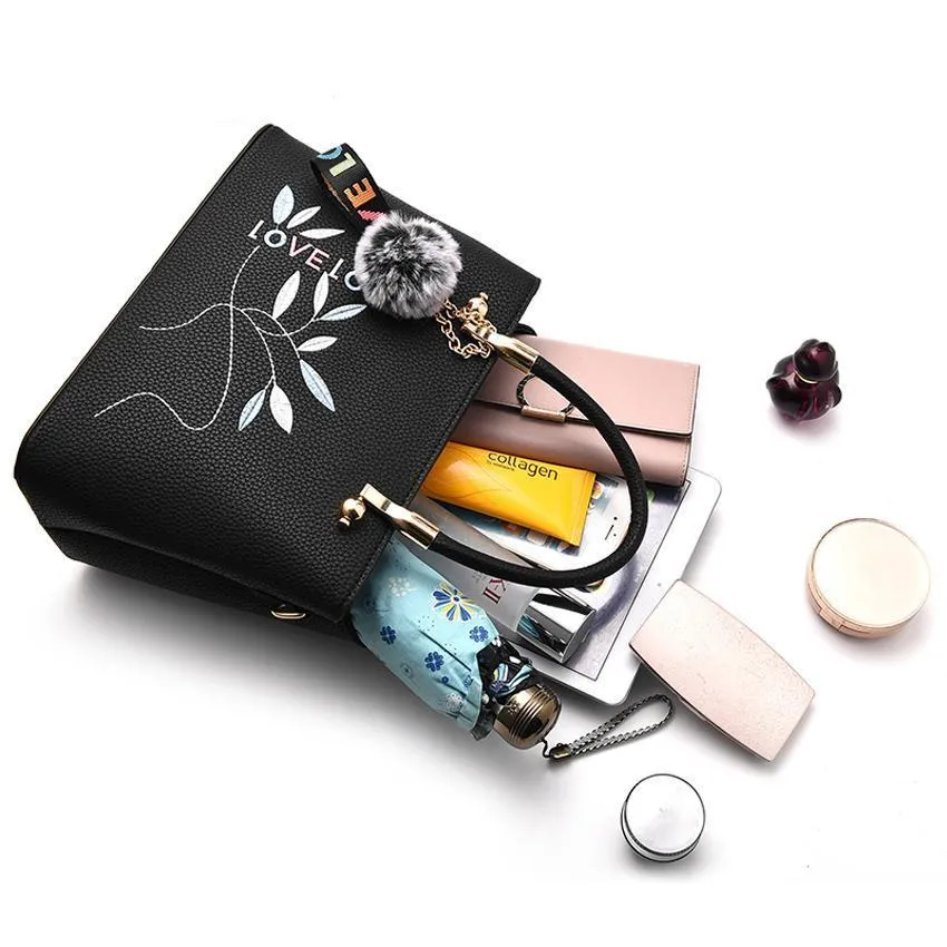 Women Tote Messenger Crossbody Love Embroidery Faux-Leather Bag with Fur Tassel