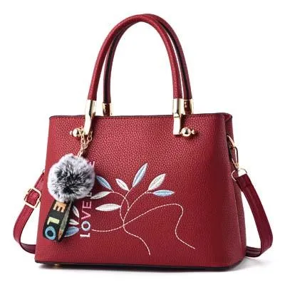 Women Tote Messenger Crossbody Love Embroidery Faux-Leather Bag with Fur Tassel