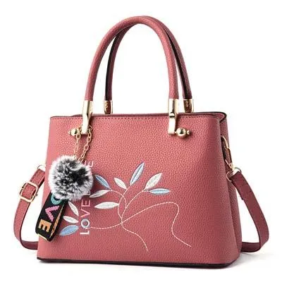 Women Tote Messenger Crossbody Love Embroidery Faux-Leather Bag with Fur Tassel