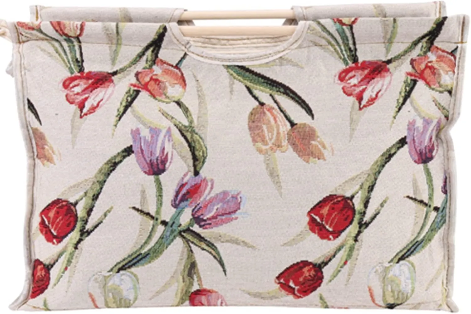 Woven Fabric Storage Bag with Wood Handle for Knitting Needles and Sewing Tools, Convenient Zipper Fastener Great for Storing Clothes and Books (rose jacquard)