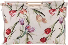 Woven Fabric Storage Bag with Wood Handle for Knitting Needles and Sewing Tools, Convenient Zipper Fastener Great for Storing Clothes and Books (rose jacquard)