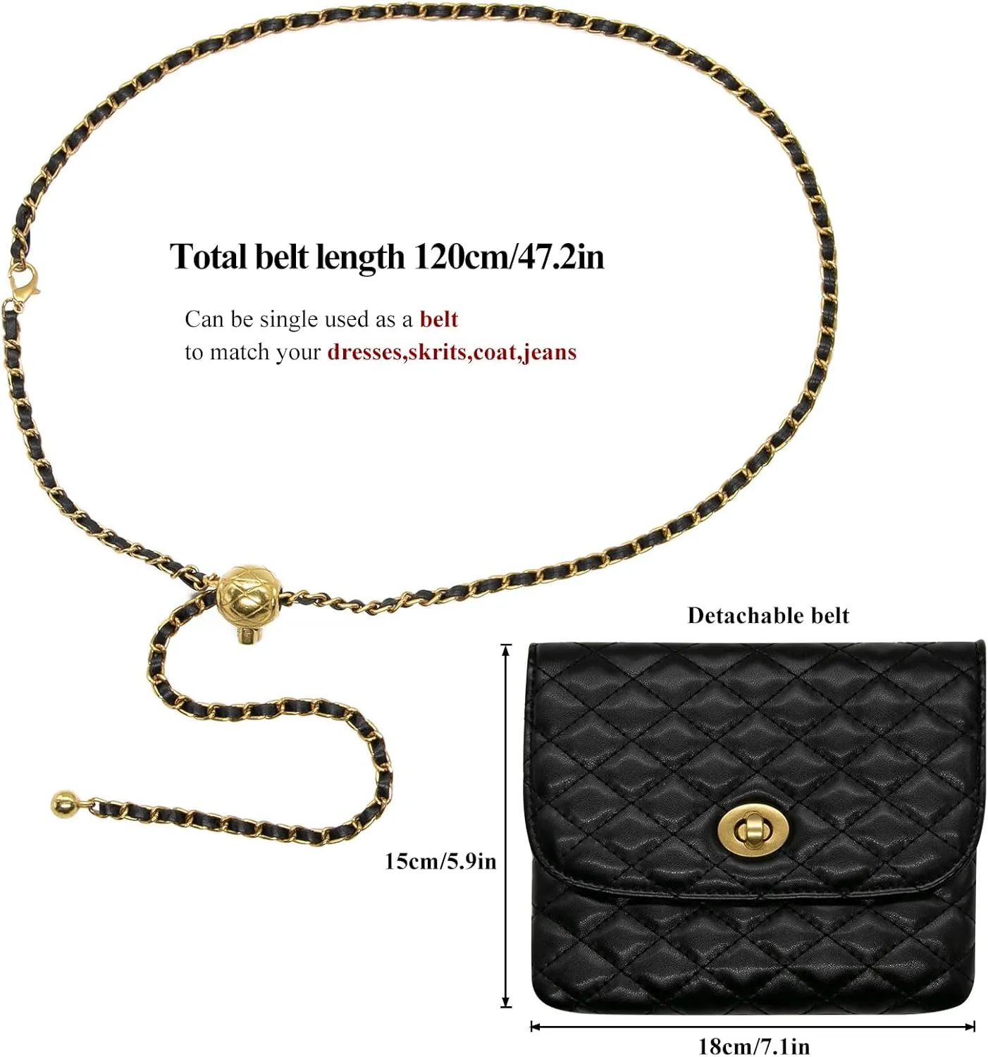 YAMEIZE PU Leather Chain Belt Bag for Women - Crossbody Waist Bag Fanny Pack Detachable Belt Chain Women Evening Mini Handbag